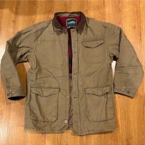 Outdoor Life Olive Green Jacket with Red and Tan Plaid interior.